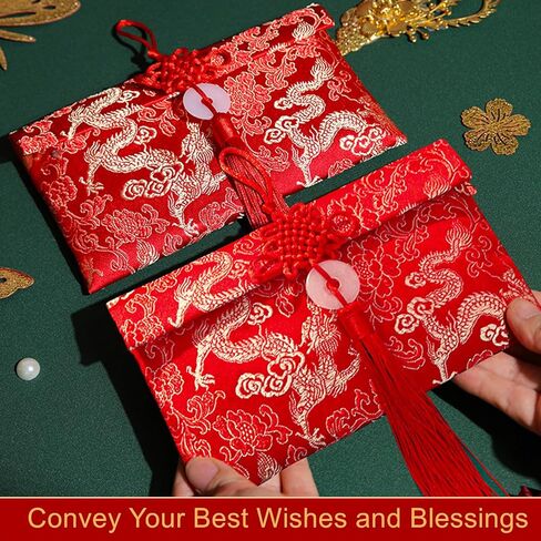 ايسوين مظاريف حمراء للعام الصيني الجديد 2024 من قماش الحرير، اكياس هدايا من القماش الحريري، جيوب للنقود والعملات المعدنية وحامل بطاقات الحظ لمستلزمات الربيع وحفلات الزفاف in Kuwait