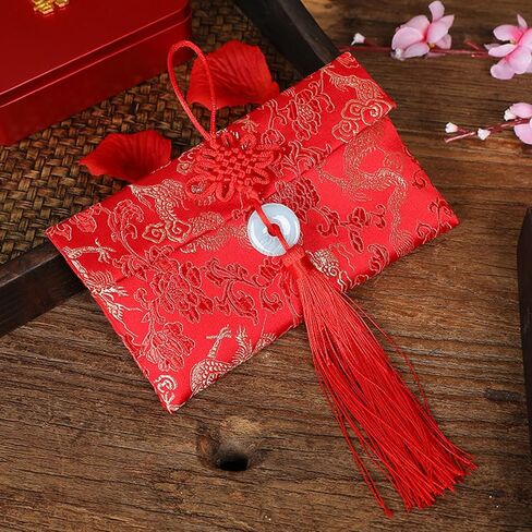 ايسوين مظاريف حمراء للعام الصيني الجديد 2024 من قماش الحرير، اكياس هدايا من القماش الحريري، جيوب للنقود والعملات المعدنية وحامل بطاقات الحظ لمستلزمات الربيع وحفلات الزفاف in Kuwait