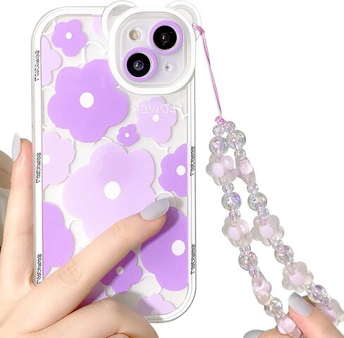 NITITOP متوافق مع iPhone 13، جراب شفاف لعدسة الكاميرا على شكل دب زهري مع سلسلة سوار زهرة جميلة للنساء والفتيات، غطاء ناعم من مادة TPU مقاوم للصدمات - أزرق in Kuwait