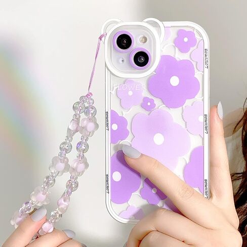 NITITOP متوافق مع iPhone 13، جراب شفاف لعدسة الكاميرا على شكل دب زهري مع سلسلة سوار زهرة جميلة للنساء والفتيات، غطاء ناعم من مادة TPU مقاوم للصدمات - أزرق in Kuwait