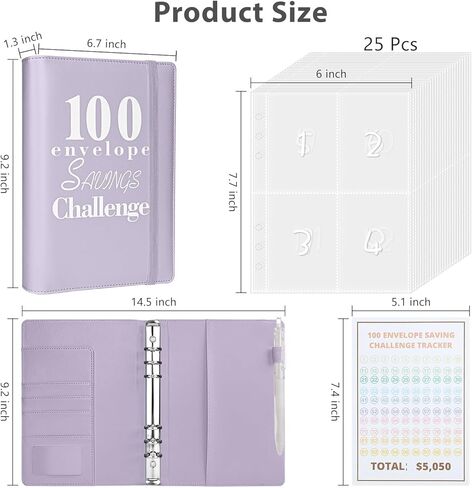 YHMOOMSIN 100 مغلف، حافظة ميزانية تحدي توفير المال، A5 حافظة تحديات التوفير، حافظة الميزانية مع مغلفات نقدية، توفير المال - تعظيم 5050 دولارًا (أرجواني) in Kuwait
