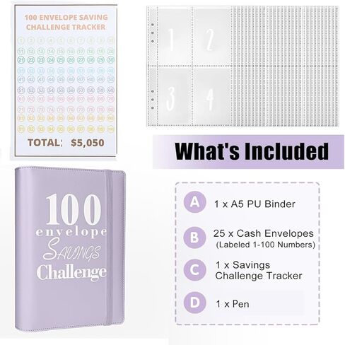 YHMOOMSIN 100 مغلف، حافظة ميزانية تحدي توفير المال، A5 حافظة تحديات التوفير، حافظة الميزانية مع مغلفات نقدية، توفير المال - تعظيم 5050 دولارًا (أرجواني) in Kuwait