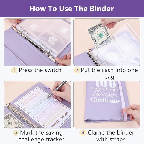 YHMOOMSIN 100 مغلف، حافظة ميزانية تحدي توفير المال، A5 حافظة تحديات التوفير، حافظة الميزانية مع مغلفات نقدية، توفير المال - تعظيم 5050 دولارًا (أرجواني) in Kuwait