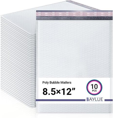 Baylue 8.5x12، رسائل فقاعات بولي، 2، أظرف مبطنة، أكياس التغليف، مظاريف الشحن مع الفقاعات، أكياس التعبئة مع شريط ذاتي الغلق، حجم قابل للاستخدام 8.5x11، 10 عبوات in Kuwait