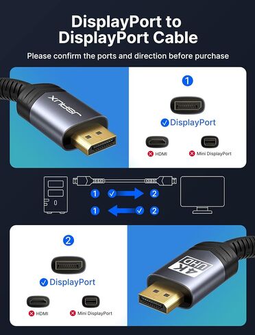 كابل JSAUX DisplayPort 2 حزمة 6 أقدام، 4K DP 1.2 كابل | 4K@60 هرتز، 2K@165 هرتز، 2K@144 هرتز | HDR، 21.6 جيجابت في الثانية، FreeSync، سلك منفذ عرض G-Sync لشاشة الألعاب Graphics 3090 PC - رمادي in Kuwait