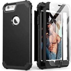 حافظة IDweel iPhone 6S Plus مع واقي شاشة (زجاج مقسّى)، حافظة iPhone 6 Plus، 3 في 1 حافظة هجينة صلبة مقاومة للصدمات وشديدة التحمل من البولي كربونات، حافظة من السيليكون الناعم لكامل الجسم، أخضر جرافيتي/أصفر