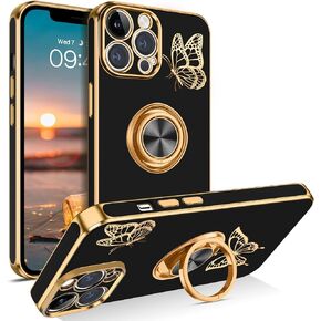 BENTOBEN for iPhone 12 Pro Max Case, Phone Case iPhone 12 ProMax, Slim Fit Butterfly Design Kickstand Ring Holder Shockproof Protection Soft Bumper Drop Protective Girls Women Boy Men Cover,Black