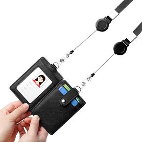 NuVision ID Badge Holder with Retractable Lanyard, Vertical Heavy Duty PU Leather ID Badge Card Holders, 1 Clear Window & 2 Credit Card Slot with Secure Buckle for Work ID, License and Access Card