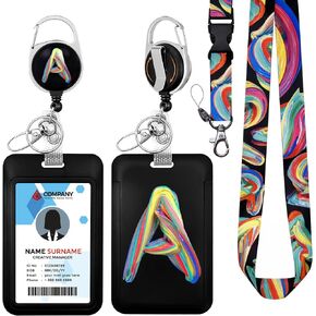 Personalized ID Badge Holder with Lanyard, Initial Retractable Badge Reel with Carabiner Clip, Personalized Gifts for Women Girls Teacher Doctor Nurse Student (A)