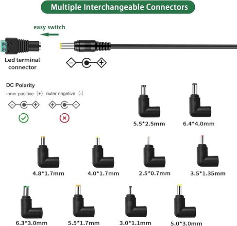 12V 5A Power Supply Adapter,100~240V AC to DC 12 Volt 5A 4A 3A 2.0A 1A Converter with 11 Tips for LED Strip Light DVR NVR Security Cameras System CCTV Accessories and More in Kuwait