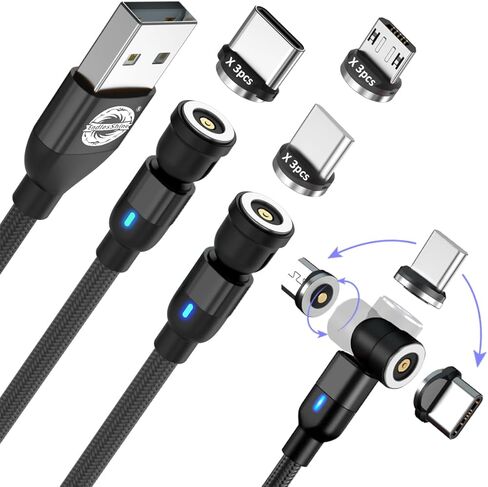 كابل شحن مغناطيسي EndlesShine [3 عبوات 3.3/6.6/6.6FT] شاحن هاتف مغناطيسي يدور 540 درجة. كابل USB C، Micro USB، جهاز iProduct 3 في 1. كابل شاحن Android مغناطيسي من النوع C (أسود) in Kuwait