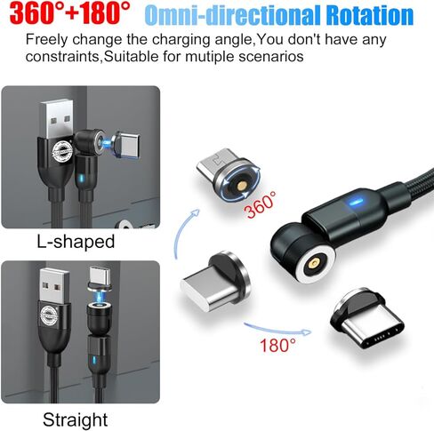 كابل شحن مغناطيسي EndlesShine [3 عبوات 3.3/6.6/6.6FT] شاحن هاتف مغناطيسي يدور 540 درجة. كابل USB C، Micro USB، جهاز iProduct 3 في 1. كابل شاحن Android مغناطيسي من النوع C (أسود) in Kuwait
