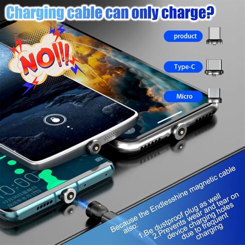 كابل شحن مغناطيسي EndlesShine [3 عبوات 3.3/6.6/6.6FT] شاحن هاتف مغناطيسي يدور 540 درجة. كابل USB C، Micro USB، جهاز iProduct 3 في 1. كابل شاحن Android مغناطيسي من النوع C (أسود) in Kuwait