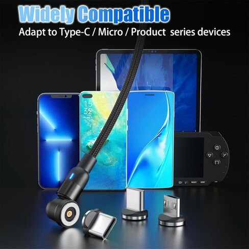 كابل شحن مغناطيسي EndlesShine [3 عبوات 3.3/6.6/6.6FT] شاحن هاتف مغناطيسي يدور 540 درجة. كابل USB C، Micro USB، جهاز iProduct 3 في 1. كابل شاحن Android مغناطيسي من النوع C (أسود) in Kuwait