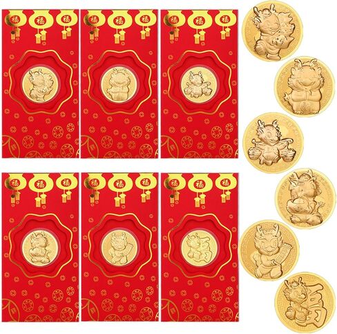 6 عبوات من مظاريف التنين الاحمر لعام 2024 بنمط هونغ باو الصيني، مغلفات نقود حمراء فينغ شوي جولد يوان باو زودياك هدايا تذكارية لمهرجان الربيع الصيني in Kuwait