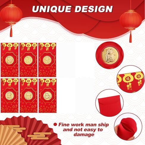 6 عبوات من مظاريف التنين الاحمر لعام 2024 بنمط هونغ باو الصيني، مغلفات نقود حمراء فينغ شوي جولد يوان باو زودياك هدايا تذكارية لمهرجان الربيع الصيني in Kuwait