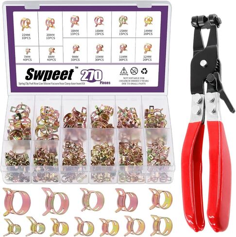 Swpeet 271Pcs 7-22mm Spring Band Hose Clamps with Swivel Flat Band Fuel Hose Clamp Plier Assortment Kit, Silicone Vacuum Hose Action Pipe Clamp Low Pressure Air Clip Clamp for Hose Clamps in Saudi Arabia