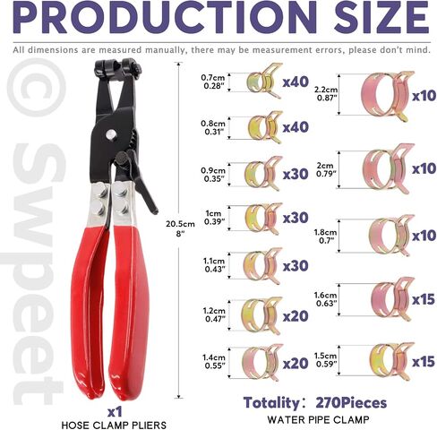 Swpeet 271Pcs 7-22mm Spring Band Hose Clamps with Swivel Flat Band Fuel Hose Clamp Plier Assortment Kit, Silicone Vacuum Hose Action Pipe Clamp Low Pressure Air Clip Clamp for Hose Clamps in Saudi Arabia