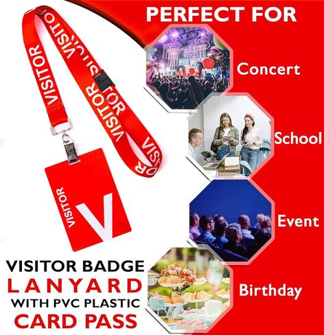EASTEX 25 قطعة من شارات الزائرين مع بطاقة بلاستيكية PVC - حبل للزائرين - حبل أحمر منفصل للمكتب والمدرسة - حامل شارة هوية الزائر للرجال والنساء العملاء الضيوف in Kuwait