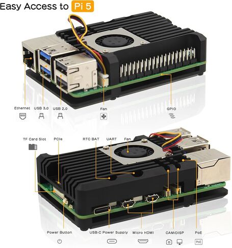 Geekworm Aluminum Passive Cooling Heatsink Armor Case with Dual PWM Cooling Fan for Raspberry Pi 5 (with Dual Fan-Black) in Saudi Arabia