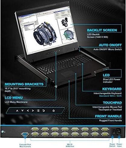 1U 19" Rackmount Monitor with 8 Port KVM Switch, 1440 X 900, 8 VGA/USB Cables Included, Part#RM-131-19W-801, 3 Year Warranty in Kuwait