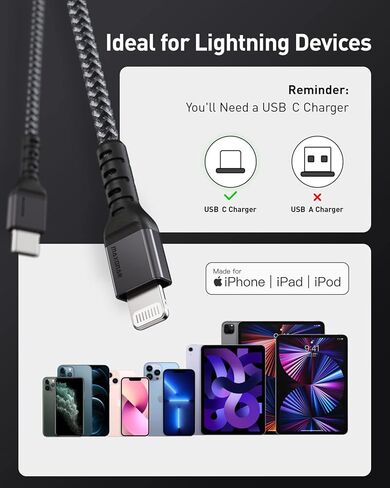 كابل Maxonar USB C إلى Lightning بطول 3 أقدام، [معتمد من Apple MFi] شاحن iPhone سلك مضفر للشحن السريع متوافق مع iPhone 14 Pro Max 13 Pro Max 13 Mini 12 Pro Max 11 Pro Max X XS XR iPad 8 Airpods in Kuwait