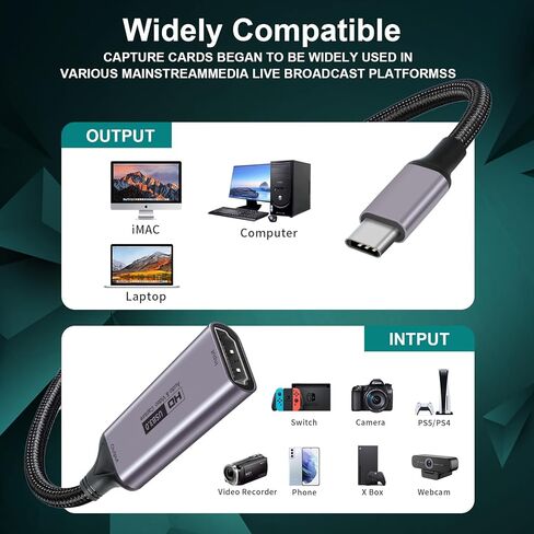 بطاقة التقاط فيديو Fulfalic، بطاقة التقاط 4K HDMI إلى USB C 3.0، 1080P HD 60 إطارًا في الثانية لايف وتسجيل صوت الفيديو للألعاب والبث والتدريس ومؤتمرات الفيديو in Kuwait