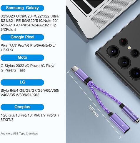 USB C Headphone and Charger Adapter for Samsung Galaxy A14 A54 A24 A13 A53 S23 S22 Ultra S21 S20 FE Z Flip 5, USB C to 3.5mm Aux Audio Jack and Fast Charging Dongle Cable Cord for Pixel 7A 6A 7 6 Pro in Saudi Arabia