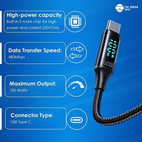كابل الشحن السريع TheUrbanGeek 100 واط USB C إلى C، مجدول من النايلون، شاشة LED، نقل بيانات بسرعة 480 ميجابت في الثانية لهاتف lPhone 15/Pro/Plus/Max، lPad Air، MacBook Pro، Samsung Galaxy S23/S22، Pixel، LG (6 أقدام) in Saudi Arabia