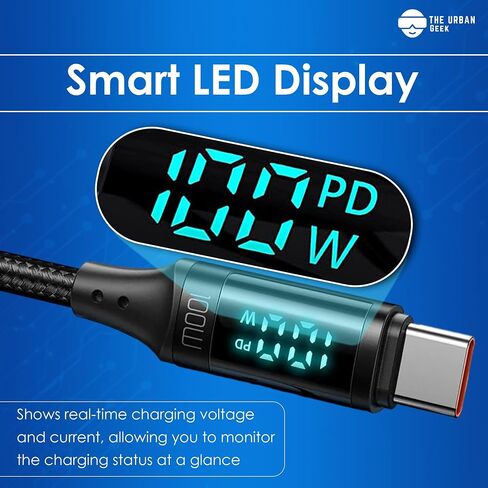 كابل الشحن السريع TheUrbanGeek 100 واط USB C إلى C، مجدول من النايلون، شاشة LED، نقل بيانات بسرعة 480 ميجابت في الثانية لهاتف lPhone 15/Pro/Plus/Max، lPad Air، MacBook Pro، Samsung Galaxy S23/S22، Pixel، LG (6 أقدام) in Saudi Arabia