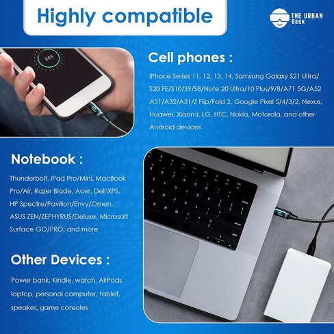 كابل الشحن السريع TheUrbanGeek 100 واط USB C إلى C، مجدول من النايلون، شاشة LED، نقل بيانات بسرعة 480 ميجابت في الثانية لهاتف lPhone 15/Pro/Plus/Max، lPad Air، MacBook Pro، Samsung Galaxy S23/S22، Pixel، LG (6 أقدام) in Saudi Arabia
