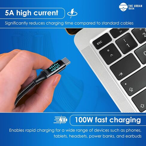 كابل الشحن السريع TheUrbanGeek 100 واط USB C إلى C، مجدول من النايلون، شاشة LED، نقل بيانات بسرعة 480 ميجابت في الثانية لهاتف lPhone 15/Pro/Plus/Max، lPad Air، MacBook Pro، Samsung Galaxy S23/S22، Pixel، LG (6 أقدام) in Saudi Arabia