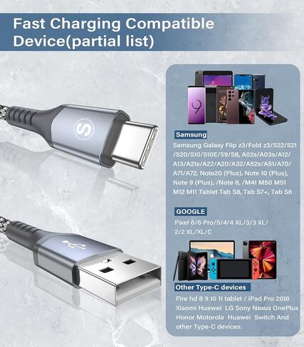 كابلات USB C [عبوتان، 6.6 قدم]، كابل شحن الطاقة لجهاز Kindle Fire HD 10 9th 2019 8 10th 2020 Paperwhite 11th 2021 Gen، Samsung Galaxy S22 S21 S20 S10 S9 S8، Note 20 10 9 8، A72A52 A33، LG، موتو، PS5 in Kuwait