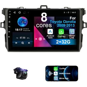 ستيريو سيارة لسيارة Toyota Corolla 2009-2013 8 Core Android 12 مع CarPlay Android Auto، 9 بوصة 1280X720 IPS شاشة لمس بلوتوث مشغل راديو السيارة مع كاميرا احتياطية، AM/FM/RDS، AUX، DSP، SWC in Kuwait