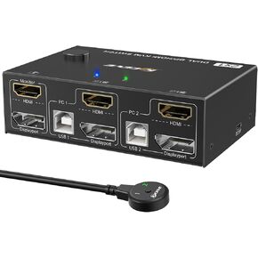 DP HDMI KVM Switch 2 كمبيوتر 2 شاشات، شاشات مزدوجة Displayport USB KVM Switcher يدعم 4K@60 هرتز لجهازي كمبيوتر مشاركة لوحة المفاتيح والماوس والشاشة
