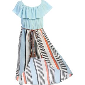 Girls Off Shoulder High Low Maxi Split Skirt Romper Casual Dress Summer Birthday Jumpsuits USA 4-14