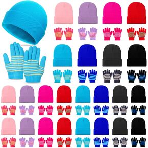Suhine 24 Set Kids Winter Beanie and Gloves Bulk Colorful Unisex Bulk Warm 8 Styles Knit Hat Stretchy Full Fingers Gloves in Saudi Arabia