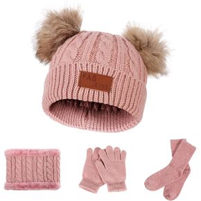 Fuyamp 4 Pcs Kids Winter Hat Scarf Gloves Socks Set,Knitted Beanie Hat,Thick Fleece Lined Scarf,Snow Gloves,Coral Fleece Socks,Toddler Winter Soft Warmer Set for Girls 1-10 Years in Kuwait
