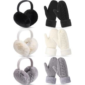 JaGely 6 Pcs Winter Ear Muffs and Gloves Set for Women Furry Warm Foldable Earmuff Ear Covers Knit Thick Gloves Gift in Saudi Arabia