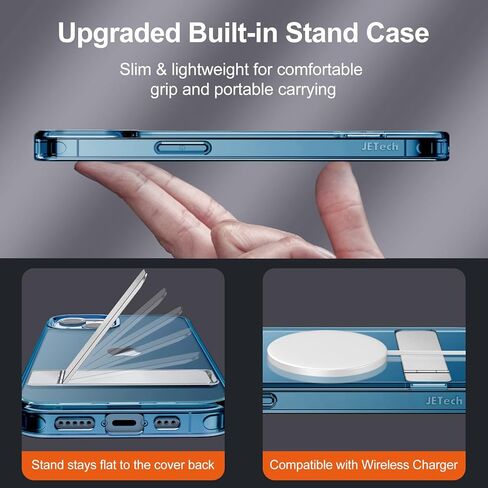 حافظة JETech بمسند لهاتف iPhone 13 Mini، مقاس 5.4 بوصة، تدعم الشحن اللاسلكي، غطاء هاتف نحيف مقاوم للصدمات، حامل معدني ثلاثي الاتجاهات (شفاف) in Kuwait