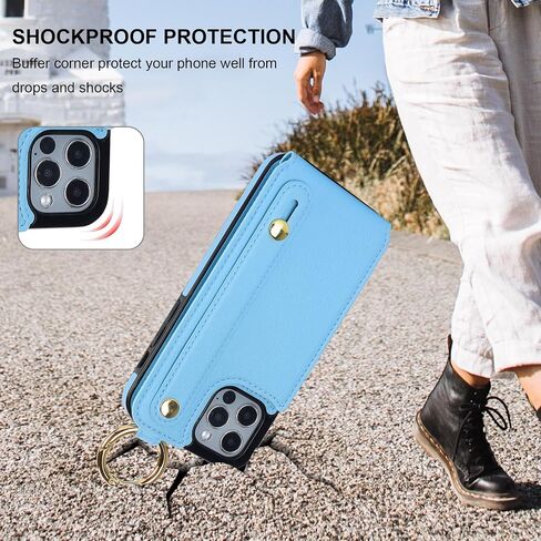 حافظة محفظة Folosu لهاتف iPhone 12/12 Pro مع حامل بطاقة، حامل حلقة لحزام المعصم، حلقة قبضة إصبع من جلد البولي يوريثان، غطاء مضاد للصدمات بأزرار مزدوجة 6.1 بوصة أسود in Saudi Arabia