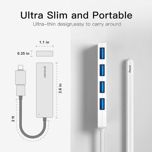موزع USB BYEASY، موزع USB 3.1 C إلى USB 3.0 مع 4 منافذ وكابل ممتد بطول 2 قدم، موزع USB محمول رفيع للغاية لأجهزة MacBook، Mac Pro/Mini، iMac، Ps4، PS5، Surface Pro، محرك فلاش، Samsung (أسود) in Kuwait