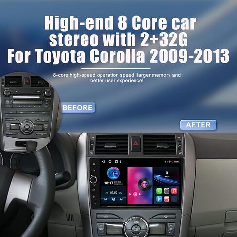 ستيريو سيارة لسيارة Toyota Corolla 2009-2013 8 Core Android 12 مع CarPlay Android Auto، 9 بوصة 1280X720 IPS شاشة لمس بلوتوث مشغل راديو السيارة مع كاميرا احتياطية، AM/FM/RDS، AUX، DSP، SWC in Kuwait