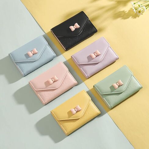 SUMGOGO محفظة نسائية للفتيات لطيف Bowknot محفظة ثلاثية الطي محفظة جلدية صغيرة نحيفة محفظة قصيرة حامل بطاقة النقدية حقيبة (أسود) in Kuwait