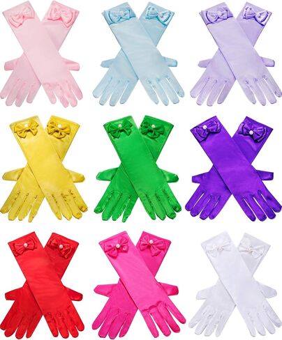 Zhanmai 9 Pairs Girls Satin Gloves Bowknot Gloves Princess Gloves for Kids Party, Wedding, Formal Pageant, Ages 3T to 8 Years, Color 3, Small in Saudi Arabia