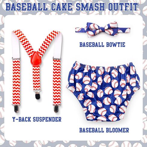 Gicoherero Baby Boys First Birthday Cake Smash Outfit Baseball Rookie of The Year 1st Birthday Party Bloomers Bowtie Adjustable Y Back Suspenders Strap Clip Costume Diaper Cover in Kuwait