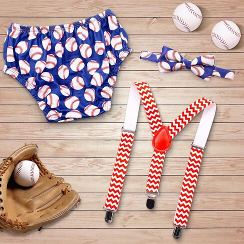 Gicoherero Baby Boys First Birthday Cake Smash Outfit Baseball Rookie of The Year 1st Birthday Party Bloomers Bowtie Adjustable Y Back Suspenders Strap Clip Costume Diaper Cover in Kuwait