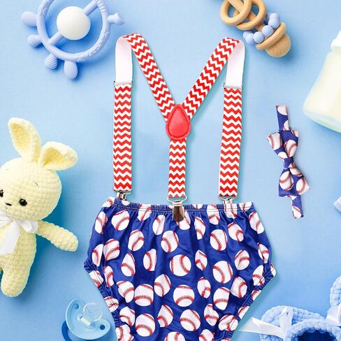 Gicoherero Baby Boys First Birthday Cake Smash Outfit Baseball Rookie of The Year 1st Birthday Party Bloomers Bowtie Adjustable Y Back Suspenders Strap Clip Costume Diaper Cover in Kuwait