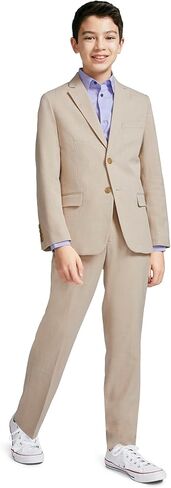 Calvin Klein Boys' Blazer Suit Jacket, 2-button Single Breasted Closure, Buttoned Cuffs & Front Flap Pockets, Khaki Sharkskin, 16 in Saudi Arabia