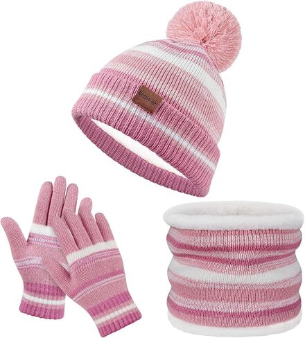 Kids Winter Hat Gloves Scarf Set: Girls Boys Beanie Hats Gloves Knit Set with Thick Warm Fleece Lined For Ages 6-10 Children in Saudi Arabia